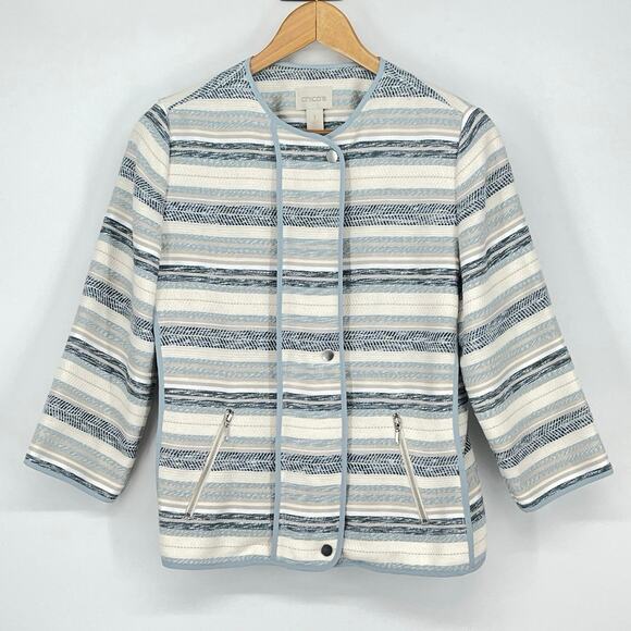 NWT Chico’s Jacket Ocean‎ Stripe 3/4 Sleeve Snap Zip Closure Zip Pockets Size M - Picture 2 of 10